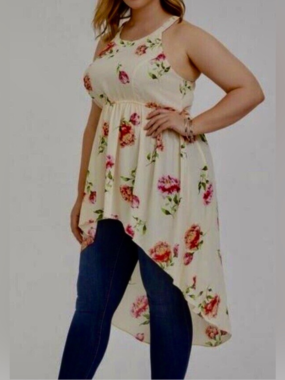 Torrid Ivory Floral Georgette High Low Tank Top Feminine Flowy Festival Pretty